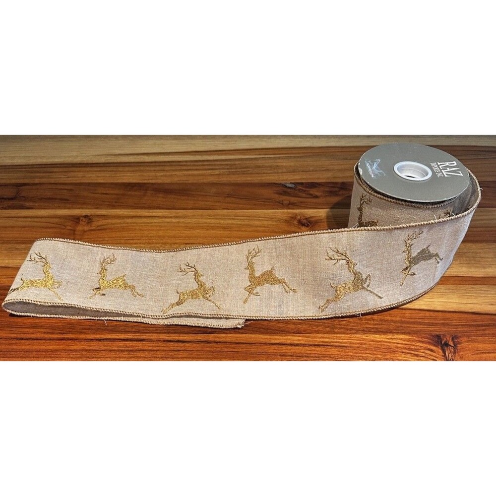 RAZ Imports Reindeer WIDE Wired RIBBON • 4" x 8 yards  gold metallic Embroidered